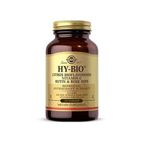 Miniatura de Um frasco de Solgar Hy-Bio 100 comprimidos (500 mg de vitamina C com 500 mg de bioflavonóides) sobre um fundo branco.