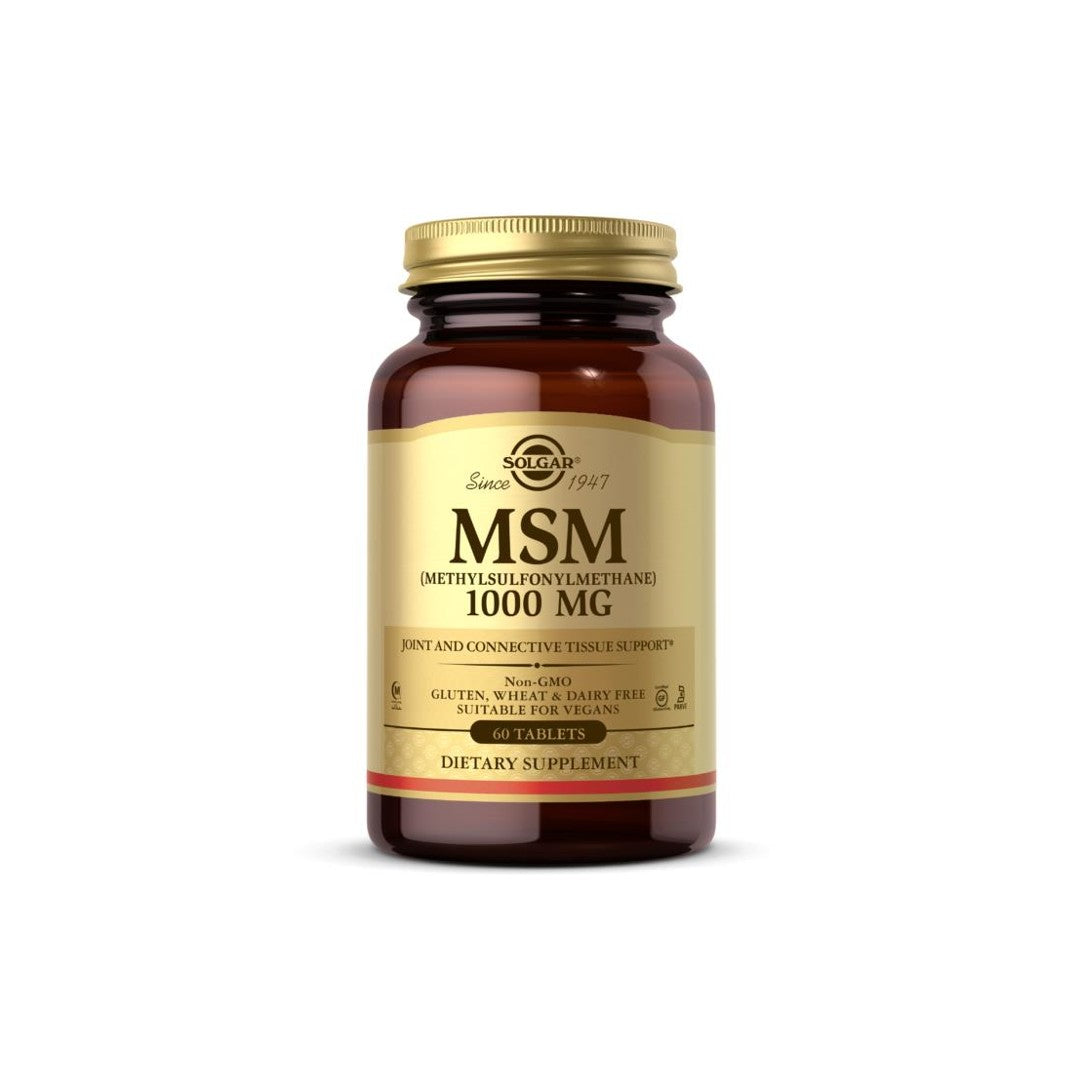Solgar Comprimidos de MSM 1000mg para melhorar a mobilidade e a inflamação das articulações sobre um fundo branco.