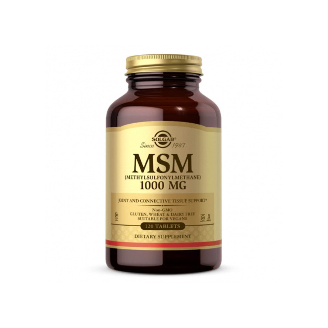 Um frasco de Solgar MSM 1000 mg 120 comprimidos, um suplemento conhecido pela sua eficácia na melhoria da mobilidade das articulações e na redução da inflamação, colocado num fundo branco limpo.