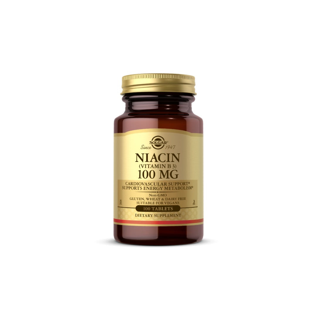 Solgar Niacina Vitamina B-3 100mg cápsulas revestidas sobre um fundo branco para a saúde do sistema nervoso.