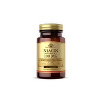 Miniatura de Solgar Niacina Vitamina B-3 100mg cápsulas revestidas sobre um fundo branco para a saúde do sistema nervoso.