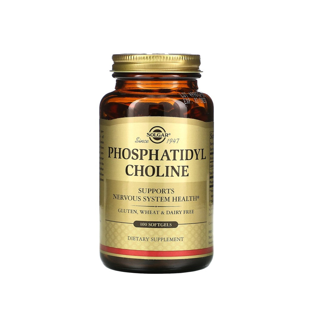 Um frasco de Solgar Phosphatidylcholine 100 softgels, um neurotransmissor cerebral que apoia as funções cognitivas.