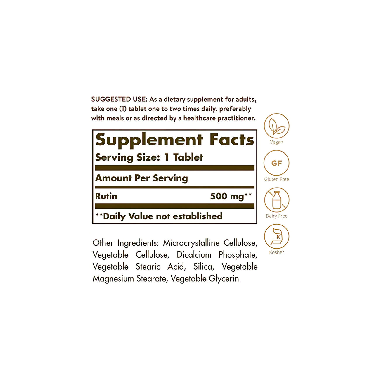Um rótulo Solgar que apresenta os ingredientes de um suplemento, nomeadamente Rutina 500 mg 100 Comprimidos, conhecida pelos seus efeitos positivos nos vasos sanguíneos.