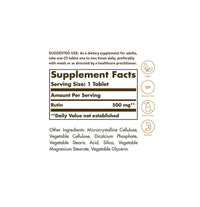 Miniatura de Um rótulo Solgar que apresenta os ingredientes de um suplemento, nomeadamente Rutina 500 mg 100 Comprimidos, conhecida pelos seus efeitos positivos nos vasos sanguíneos.