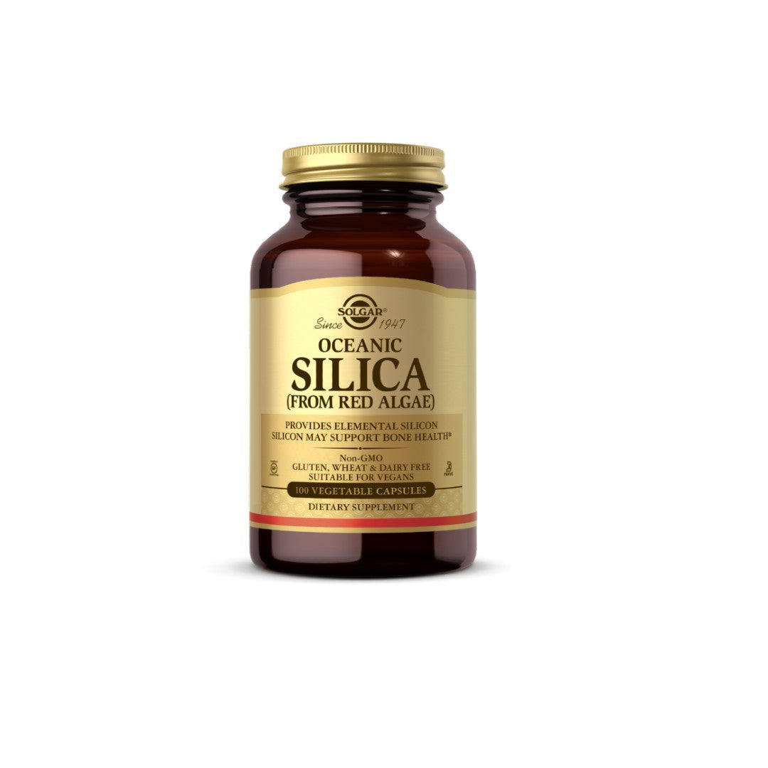 Um frasco de Solgar Oceanic Silica 25 mg 100 Vegetable Capsules, indicado para promover a saúde do cabelo e das unhas, sobre um fundo branco.