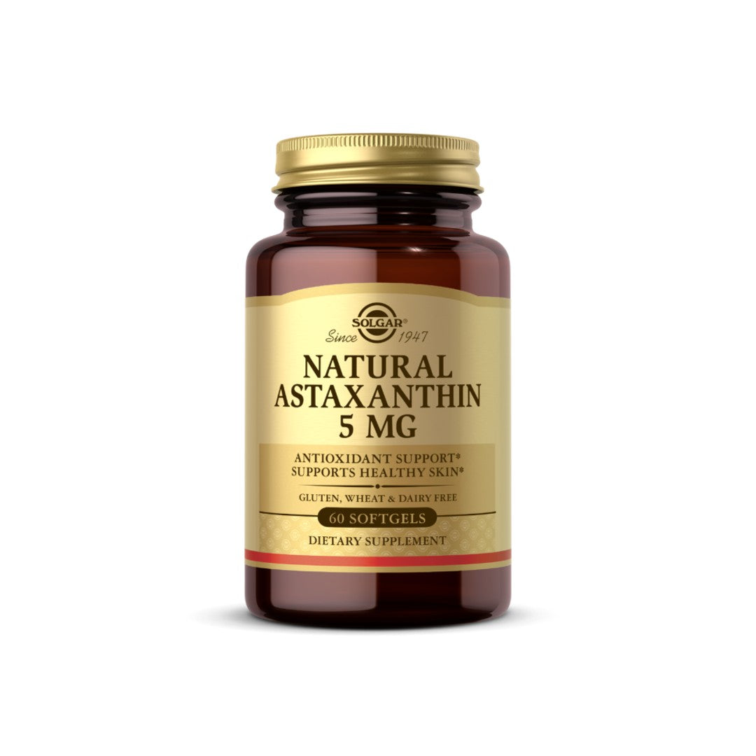 Um potente suplemento antioxidante para a pele, um frasco de Solgar Natural Astaxanthin 5 mg melhora a saúde da pele.