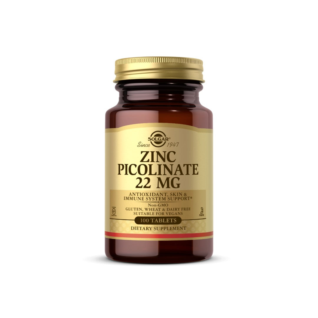 Solgar's Zinc Picolinate 22mg 100 tablets provide the essential mineral zinc in the form of zinc picolinate. This antioxidant supplement supports a healthy immune system.