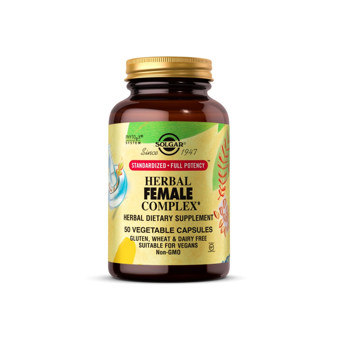 Um frasco de Solgar Herbal Female Complex 50 cápsulas vegetais com vitamina c.