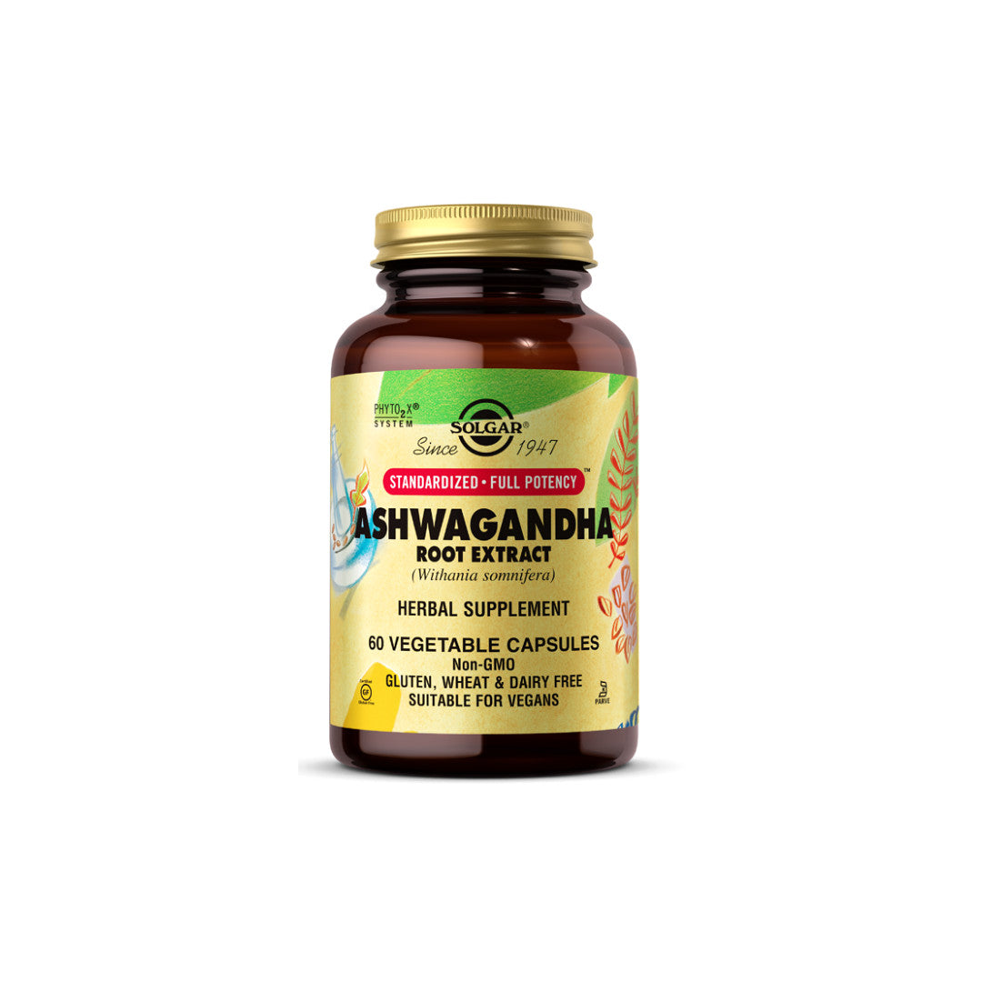 Um frasco de Solgar Ashwagandha 400 mg 60 cápsulas com vitamina c.