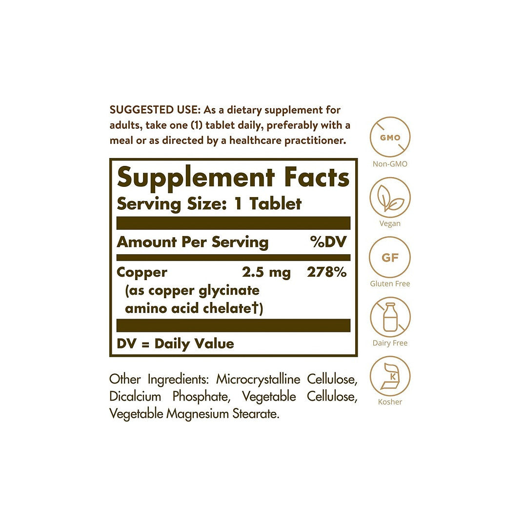 Rótulo com os ingredientes do suplemento Cobre Quelatado 2,5 mg 100 Comprimidos de Solgar.