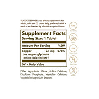 Miniatura de um rótulo que mostra os ingredientes do suplemento Cobre Quelatado 2,5 mg 100 Comprimidos de Solgar.