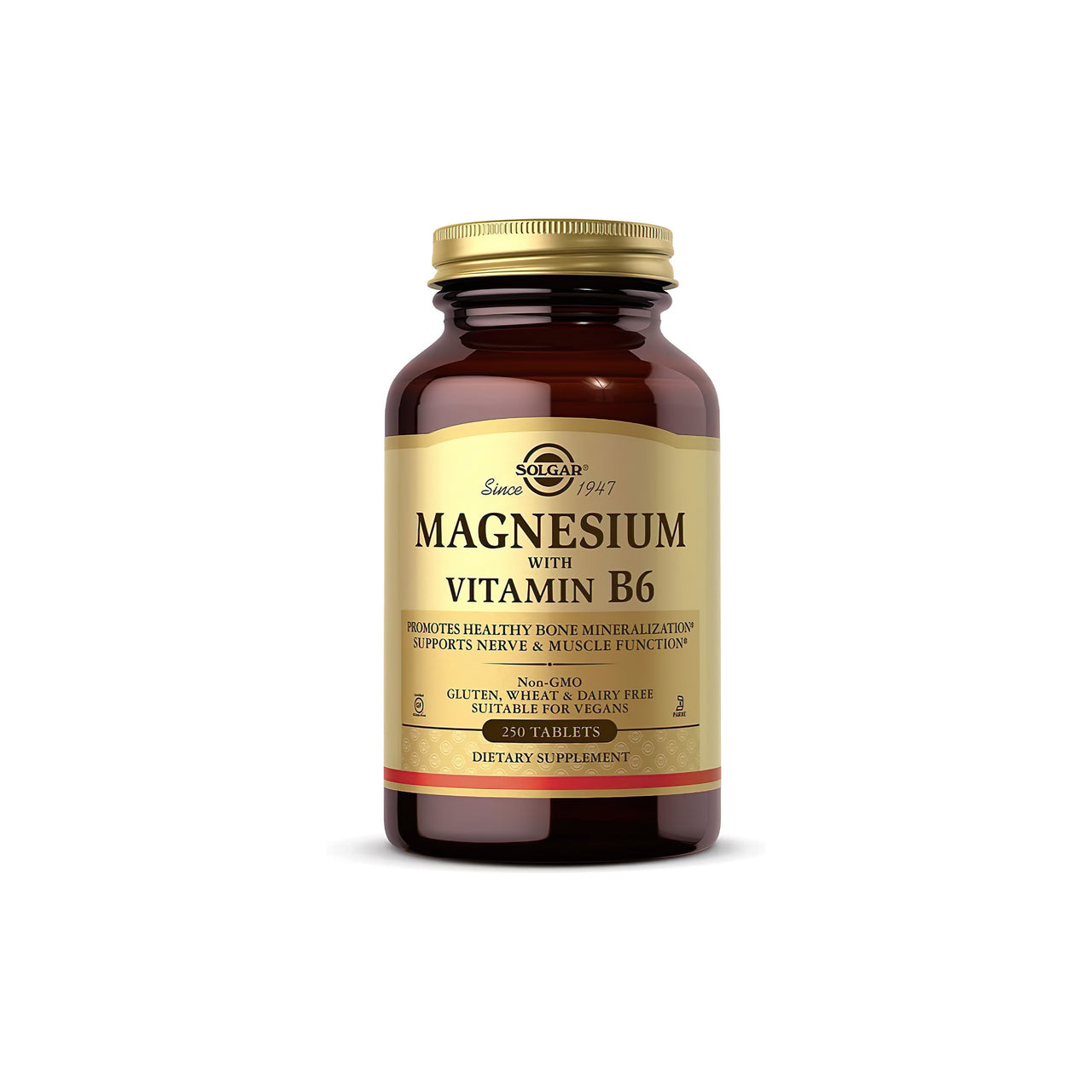 Um frasco de Solgar Magnesium with Vitamin B6 250 Tablets sobre um fundo branco.