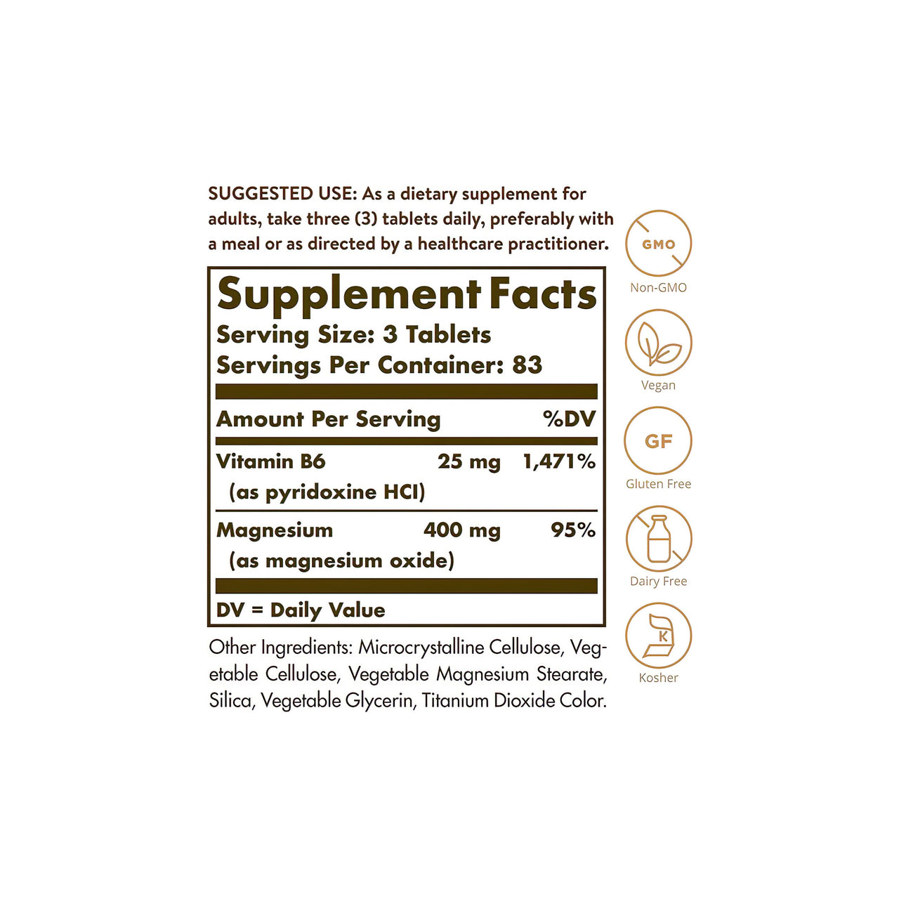 Um rótulo com os ingredientes de Solgar's Magnesium with Vitamin B6 250 Tablets.