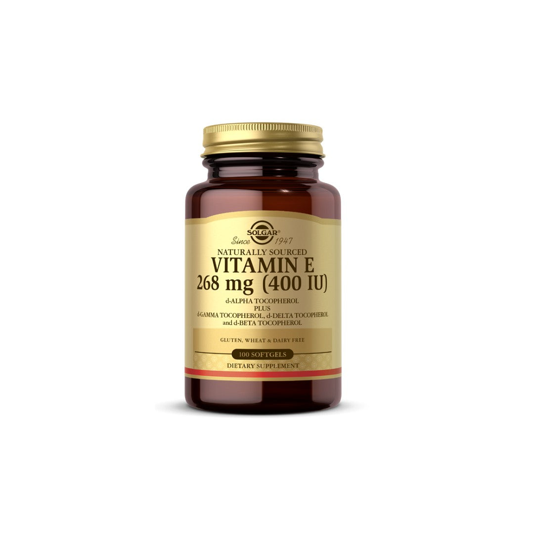 Um frasco de Solgar Vitamina E 268 mg (400 UI) 100 cápsulas moles, que fornece apoio antioxidante para a saúde cardiovascular.