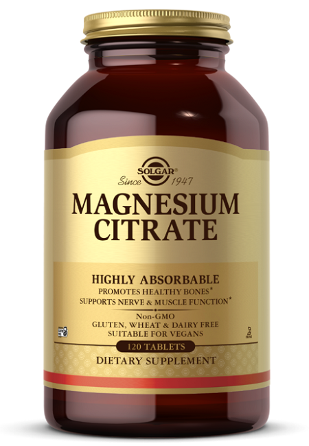 Um frasco de Solgar Magnesium Citrate 420 mg 120 tabs.