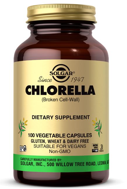 Um frasco de Chlorella 520 mg 100 Vegetable Capsules da Solgar.