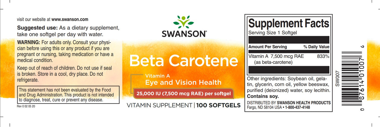 Swanson Beta-Caroteno - 25000 UI softgels Vitamina A rótulo do suplemento alimentar.