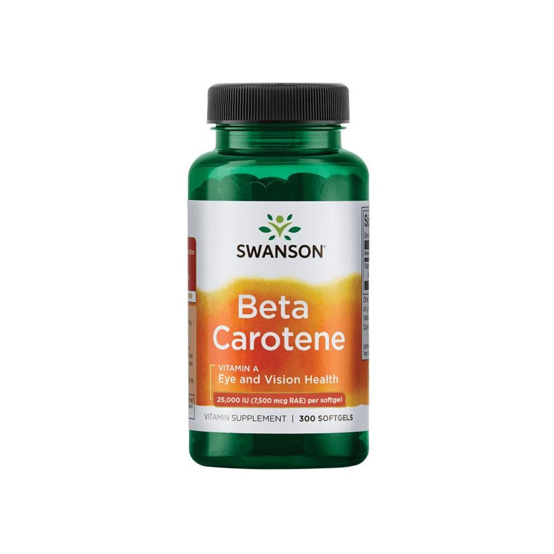 Swanson Beta-Caroteno é um suplemento alimentar com 25000 UI de Vitamina A em cápsulas numa embalagem de 300 cápsulas de gelatina mole.