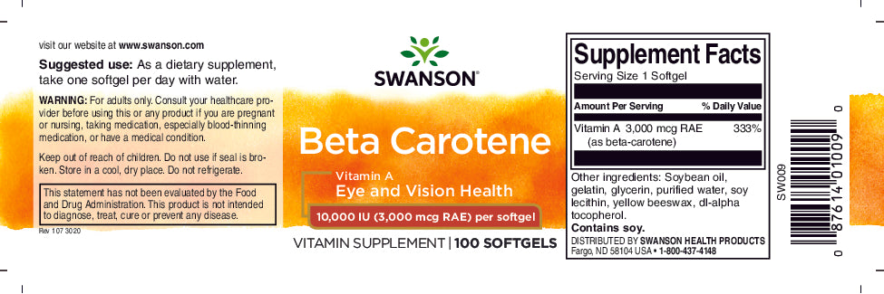 Rótulo de um suplemento alimentar para Swanson Beta-Caroteno - 10000 UI 100 cápsulas de Vitamina A.