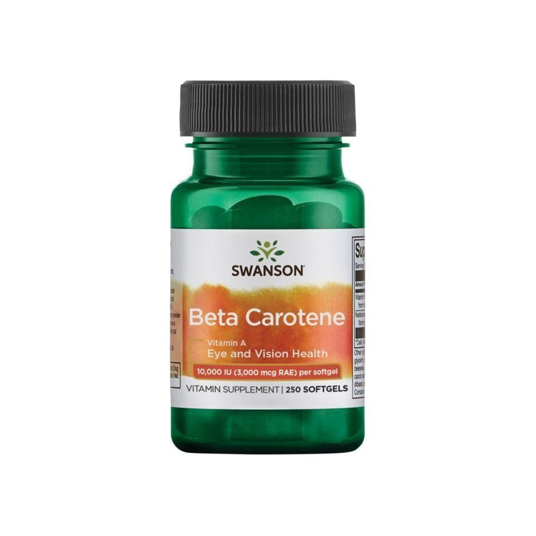 Um frasco de Swanson Beta-Carotene - 250 softgels suplemento alimentar de vitamina A.