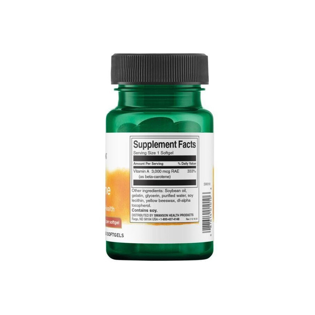 Um frasco de Swanson Beta-Carotene - 10000 IU 250 softgels de suplemento alimentar num fundo branco.