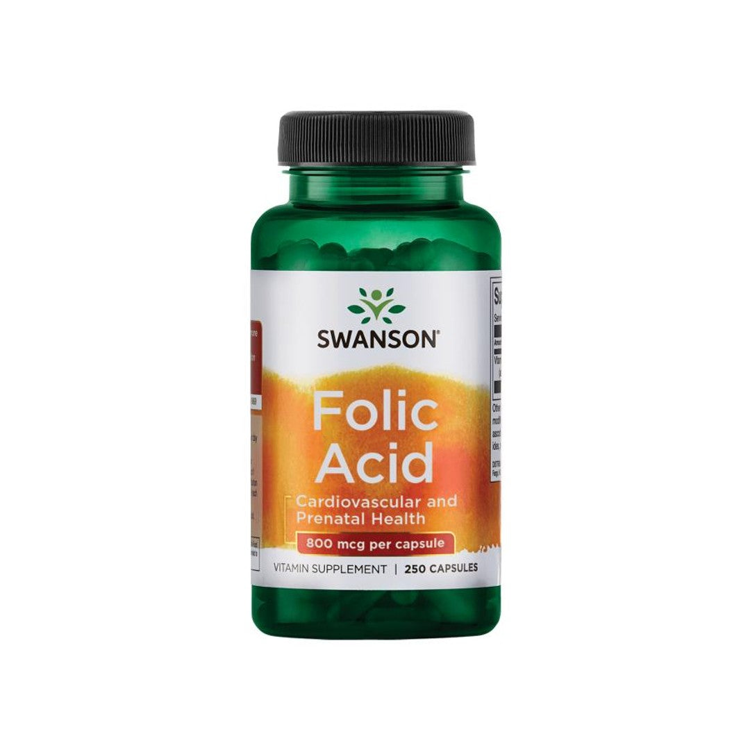 Um frasco de Swanson Folic Acid - 800 mcg 250 cápsulas.