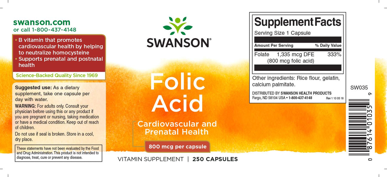 Um rótulo para o Swanson Folic Acid - 800 mcg 250 capsules.