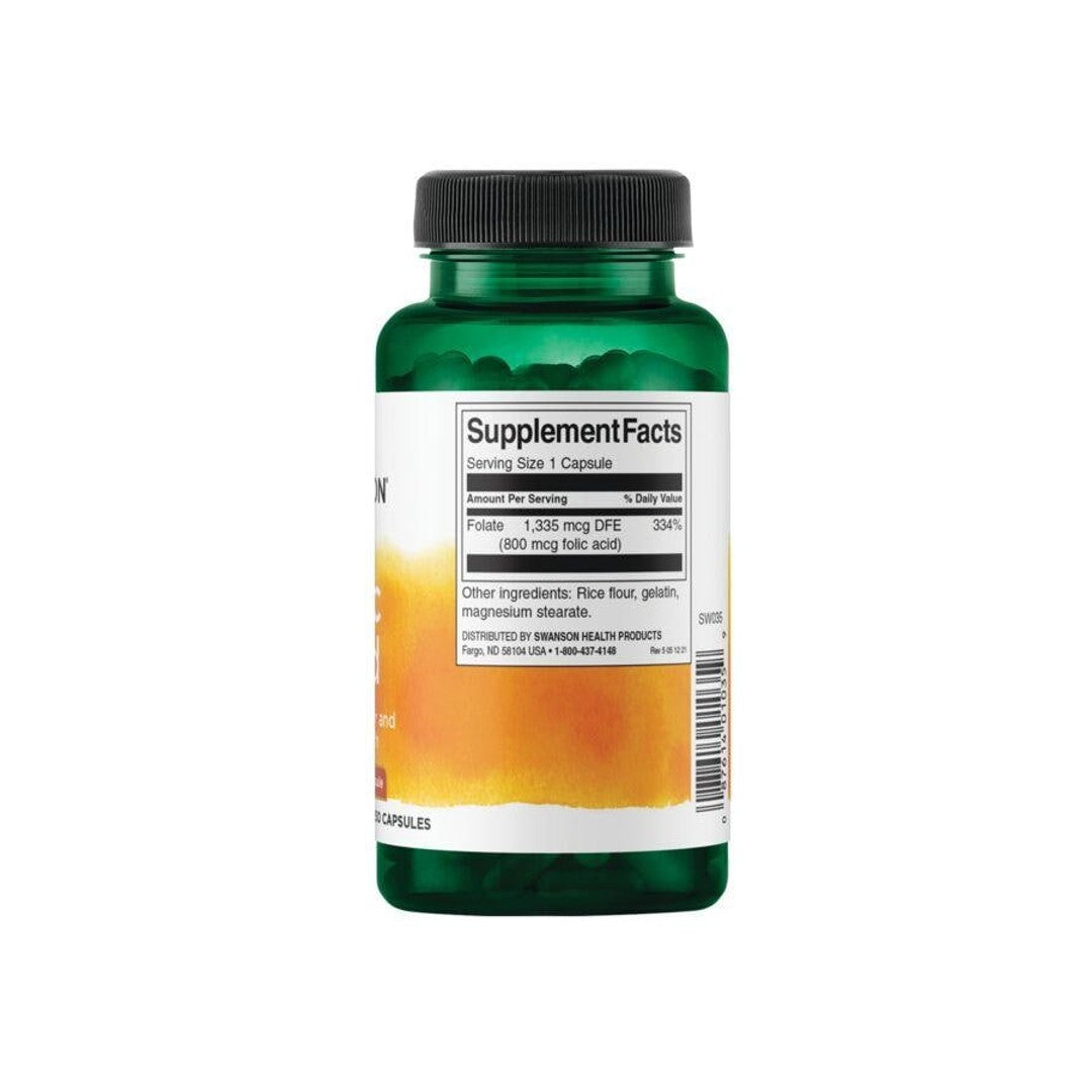 Um frasco de Swanson Folic Acid - 800 mcg 250 capsules sobre um fundo branco.