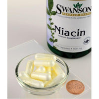 Thumbnail for A bottle of Swanson's Vitamin B-3 Niacin - 500 mg 250 capsules next to a bowl, promoting cardiovascular health.