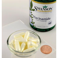 Thumbnail for Swanson Vitamin B-3 Niacinamide capsules on a table next to a penny, promoting Swanson Vitamin B-3 Niacinamide for its benefits in carbohydrate metabolism.