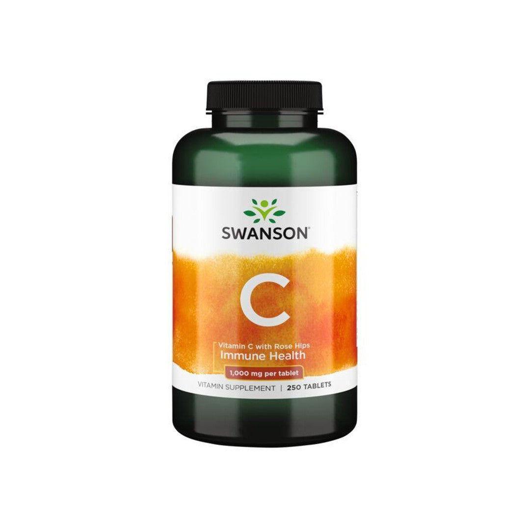 Bottle of Swanson Vitamin C with Rose Hips - 1000 mg 250 Tablets Supplement, providing antioxidant support.
