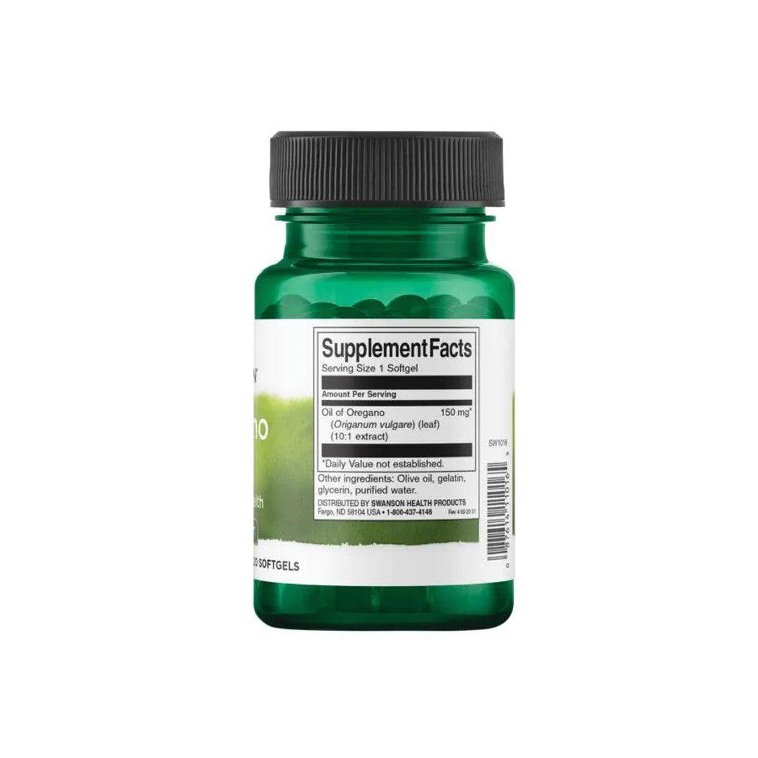 Um frasco de Óleo de Orégãos com um rótulo verde, que promove a saúde do sistema imunitário. (Marca: Swanson)