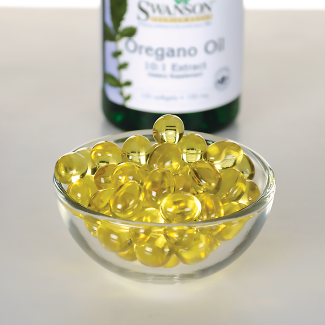 Uma tigela de Swanson Organic Oregano Oil - 150 mg 120 softgels ao lado de um frasco para apoiar o sistema imunitário e a saúde gastrointestinal.