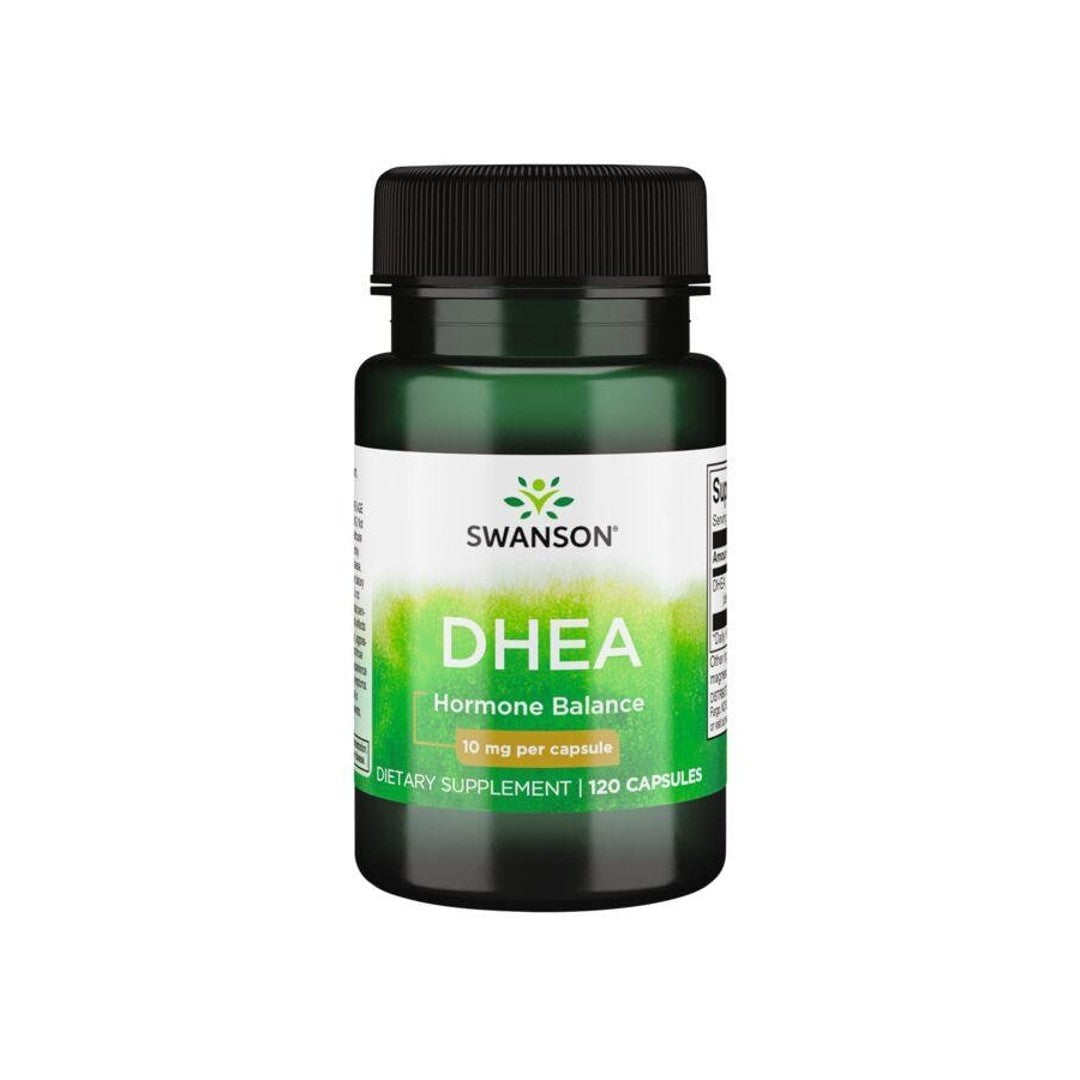 Um frasco de Swanson DHEA - 10 mg 120 cápsulas.