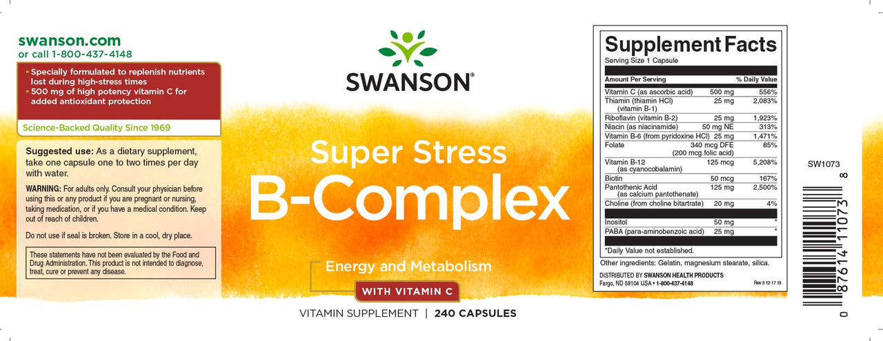 Swanson B-Complex com Vitamina C - 500 mg 240 cápsulas.