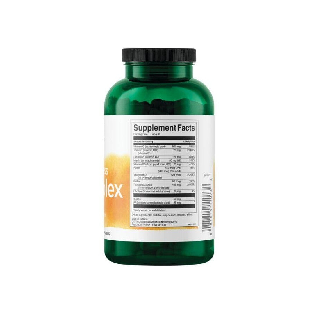 Um frasco de B-Complex com Vitamina C - 500 mg 240 cápsulas da Swanson sobre um fundo branco.