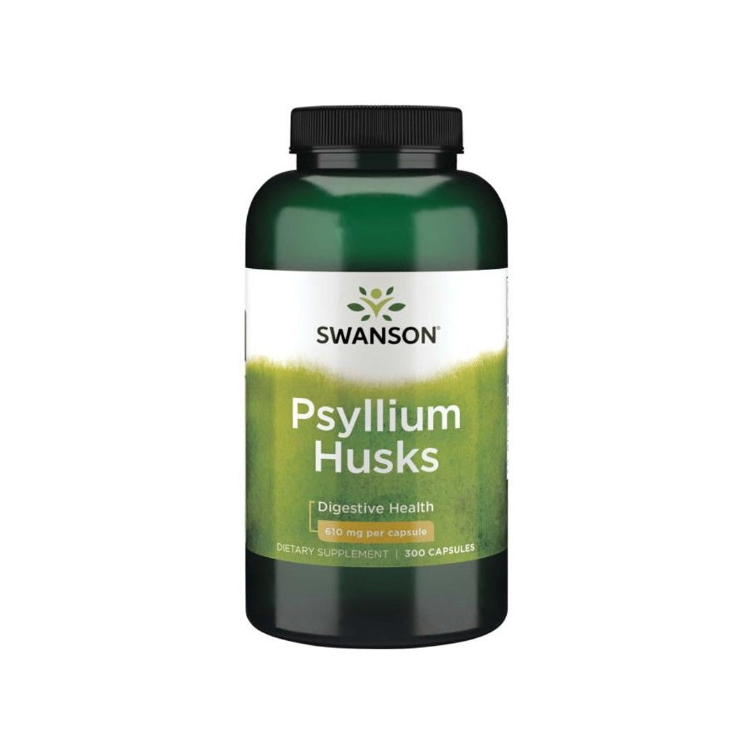 Um frasco de Swanson Psyllium Husks - 610 mg 300 capsules, uma fonte natural de fibra solúvel para melhorar os níveis de colesterol e aliviar a obstipação.