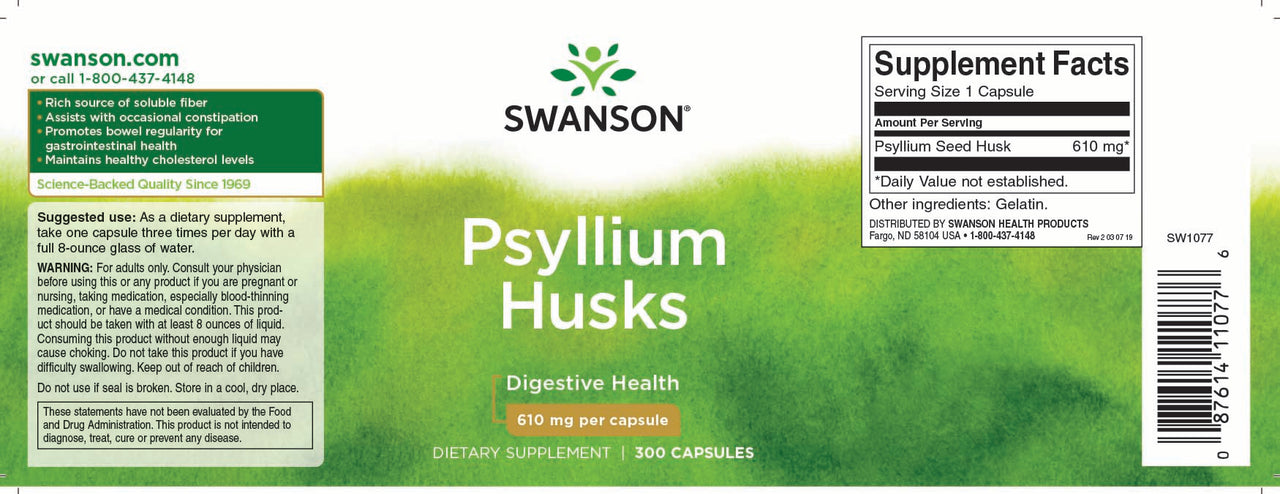 O rótulo de Swanson Psyllium Husks - 610 mg 300 capsules fornece informações importantes sobre o seu elevado teor de fibra solúvel, tornando-o um remédio eficaz para a obstipação. Além disso, o facto de o produto incluir palavras-chave como "Psyllium Husks - 610 mg 300 capsules" em Swanson.