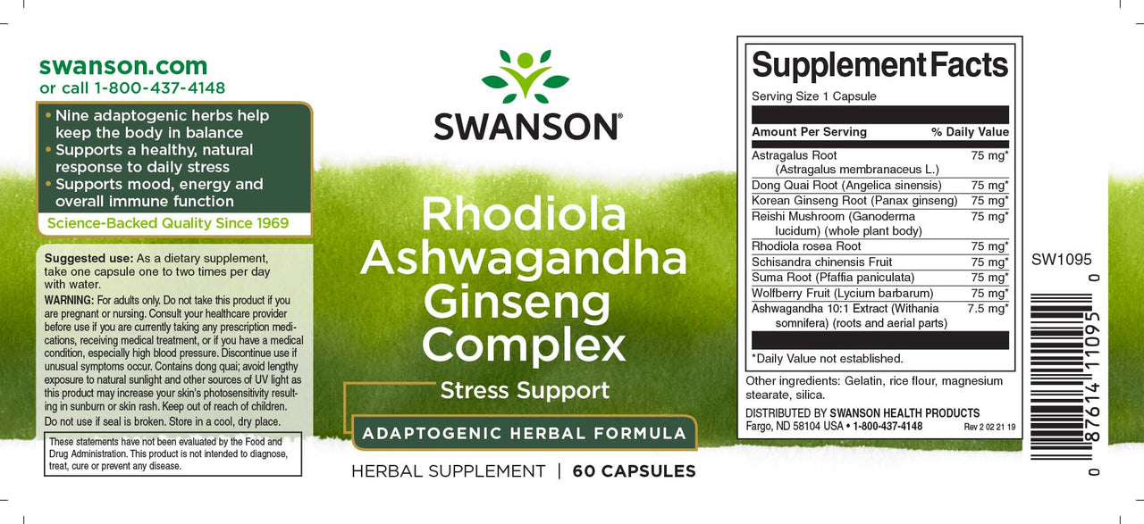 Swanson Complexo Adaptogénico Rhodiola, Ashwagandha e Ginseng - 60 cápsulas.
