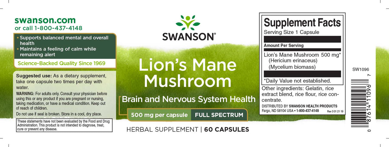 Cogumelo da Juba do Leão - 500 mg 60 cápsulas - etiqueta
