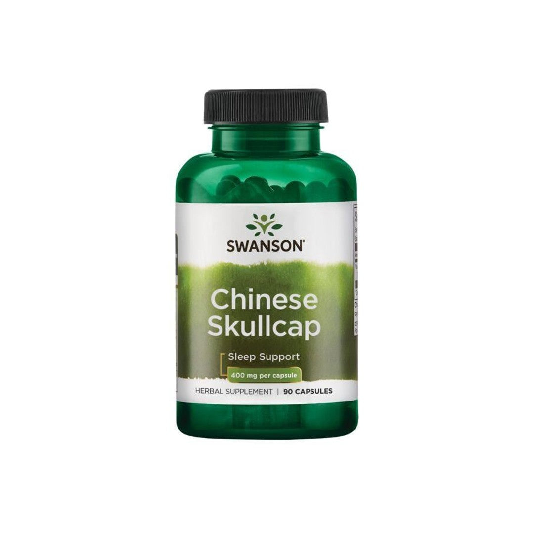Um frasco de Swanson Chinese Skullcap - 400 mg 90 cápsulas.