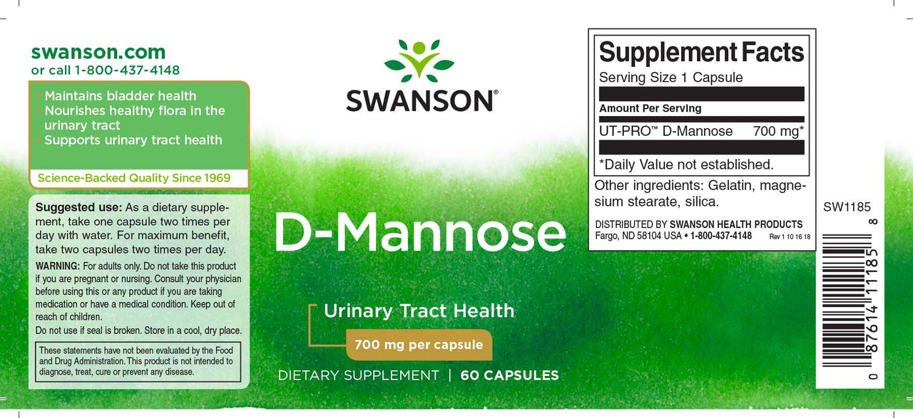 Um rótulo para Swanson D-Mannose - 700 mg 60 cápsulas.
