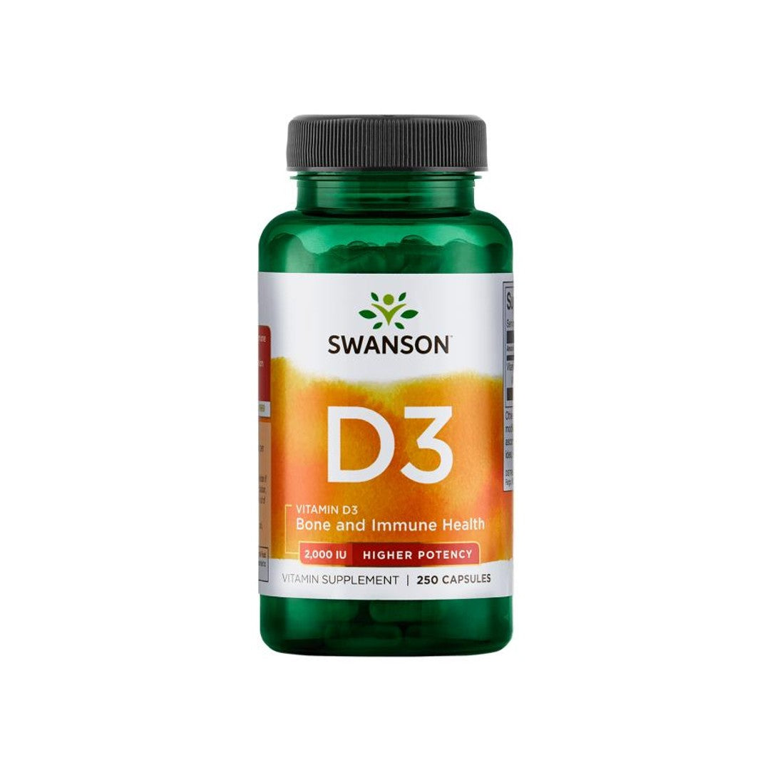 Um frasco de Swanson Vitamina D3 - 2000 UI 250 cápsulas, que promove o bem-estar imunitário e apoia a absorção de cálcio para a saúde óssea.