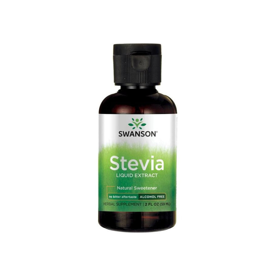 A bottle of Swanson Stevia Liquid Extract - 59 ml, a healthy alternative and sugar substitute, on a white background.