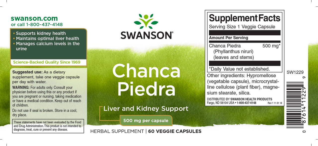 Swanson Chanca Piedra - 500 mg 60 cápsulas vegetais rótulo do suplemento.