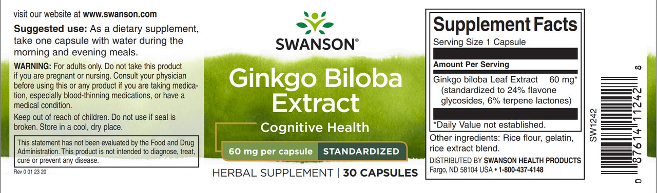 Swanson Extrato de Ginkgo Biloba 24% - 60 mg 30 cápsulas rótulo.