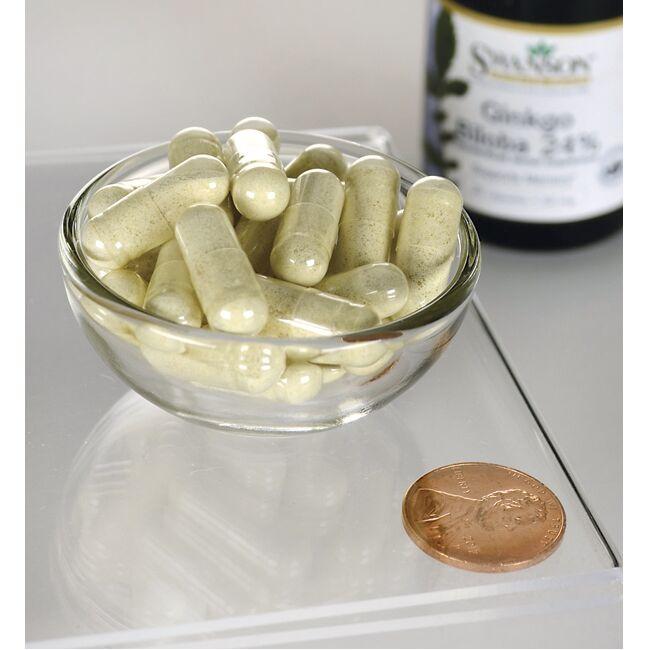 Uma taça de Swanson's Ginkgo Biloba Extract 24% - 60 mg 30 cápsulas ao lado de um cêntimo.