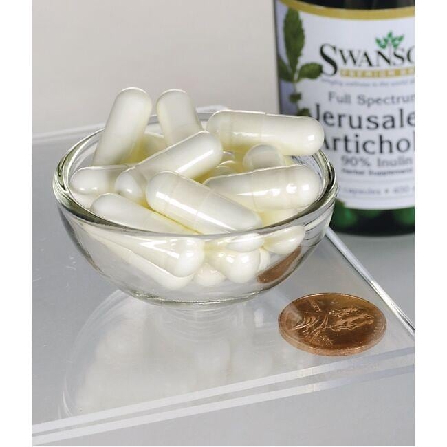 Uma taça com Swanson's Prebiotic Jerusalem Artichoke - 400 mg 60 capsules, um suplemento de ervas para a saúde digestiva.