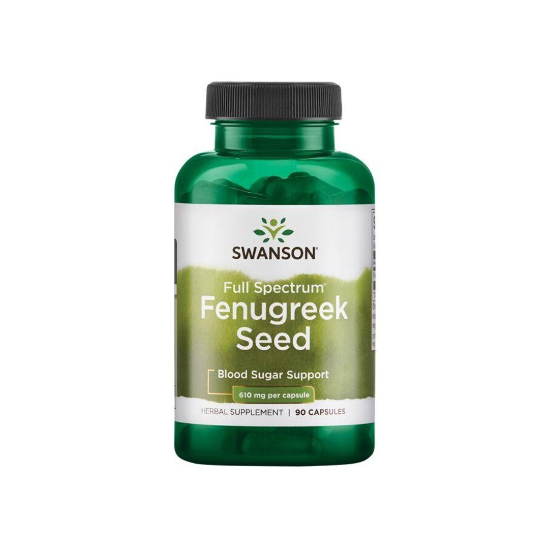 Um frasco de Swanson's Fenugreek Seed - 610 mg 90 capsules.