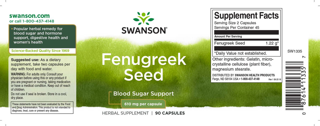Um rótulo para Swanson Semente de feno-grego - 610 mg 90 cápsulas.